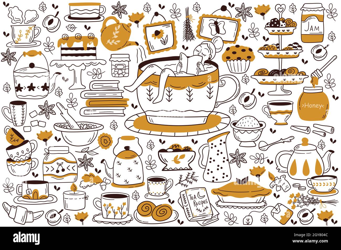 Tee trinken Doodle Set. Sammlung von handgezeichneten Skizzen Muster Vorlagen von Frau trinkt heiße Getränke Kaffee mit Kuchen Zucker Zitrone und Cookies. Stockfoto