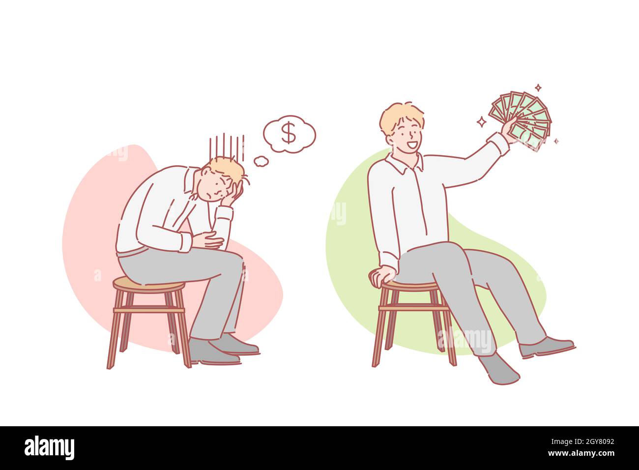 Armut und Reichtum Set-Konzept. Hart arbeitend trauriger Geschäftsmann bankrott denkt über das Verdienen von Geld nach. Glücklicher Junge Angestellte Manager genießt Geldgewinn oder winn Stockfoto