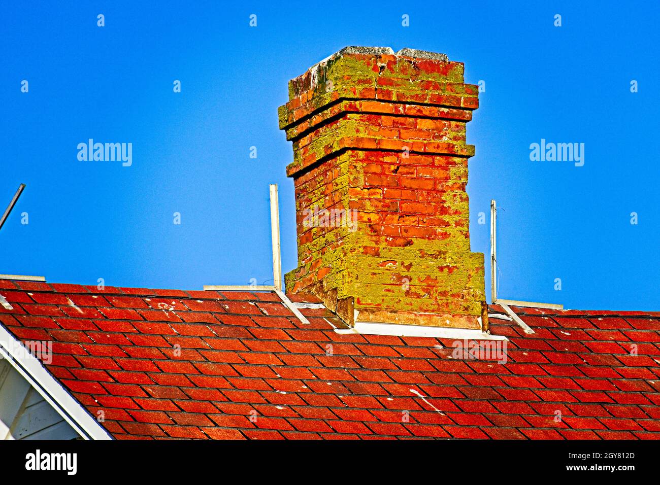 Chimney on Blue - ein alter moosiger Kamin in Port Angeles, Washington Stockfoto
