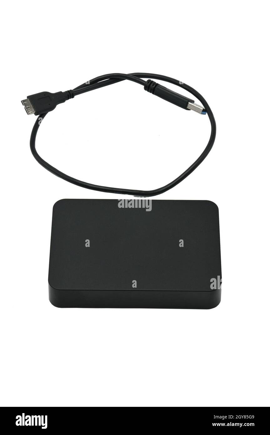Tragbare Festplatte zum Sichern von Dateien auf einem isolierten weißen Hintergrund Stockfoto