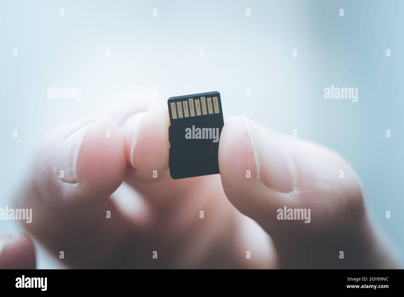 Der junge Mann hält eine kleine Speicherkarte in der Hand, Textraum Stockfoto