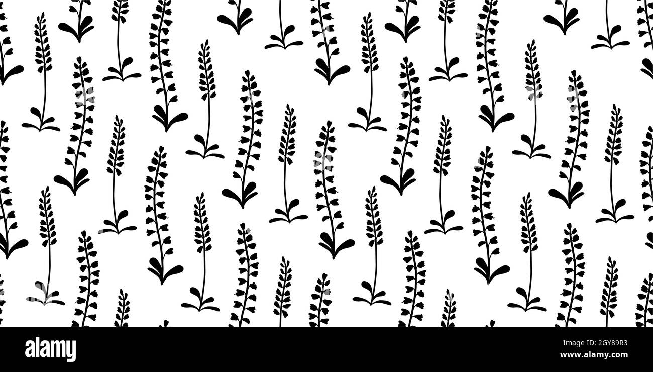 Schwarze Schattenblume auf Weiß. Sommerlich nahtloses Muster für Stoff- und Textildesign. Digitales Papier mit rosa Blüten. Vintage-Muster, tolles Design fo Stockfoto