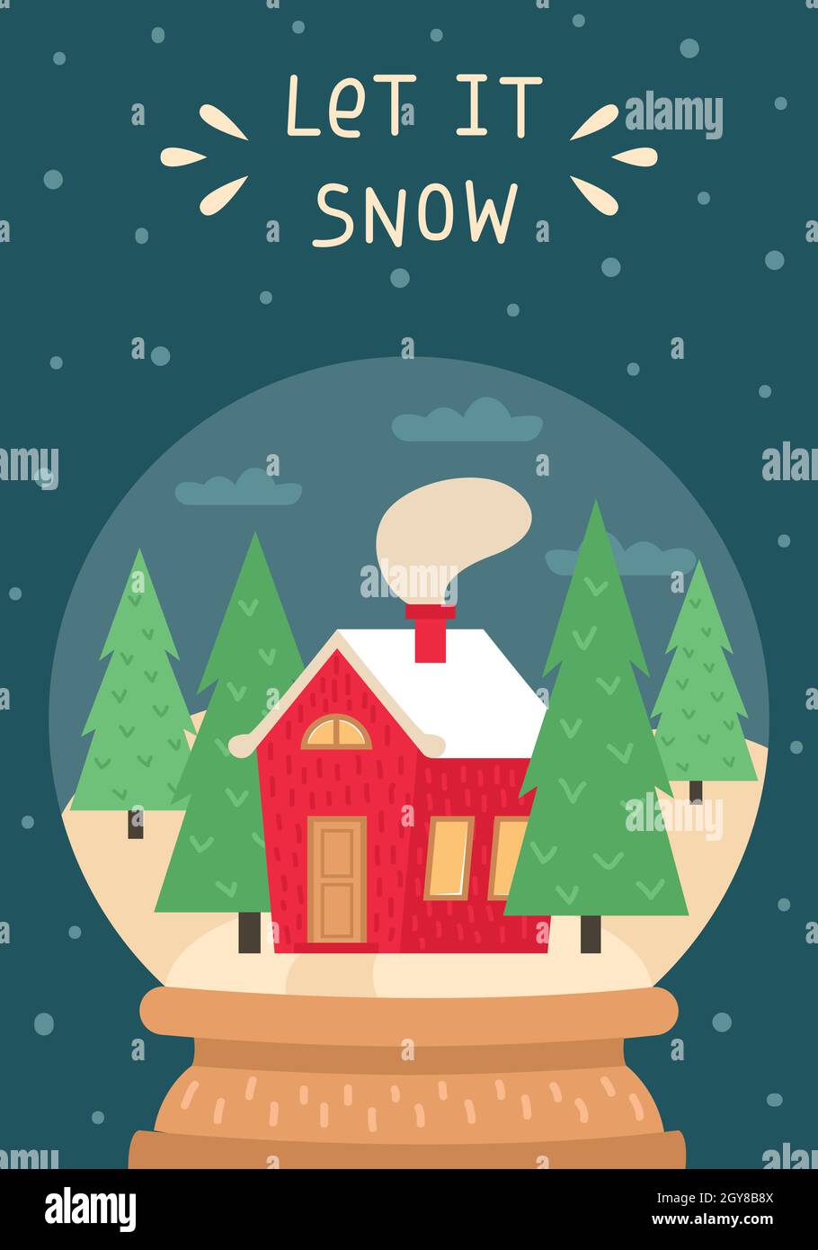 Neujahrskarte mit Glaskugel, Weihnachtshaus und Weihnachtsbäumen. Stock Vektor