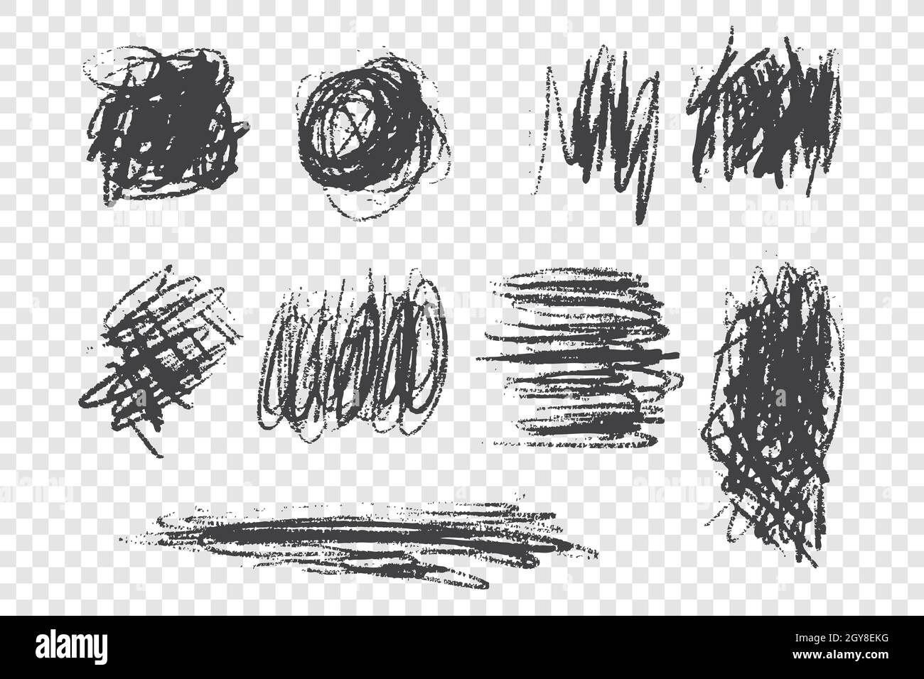 Scrabbles und Scrawls handgezeichnetes Doodle-Set. Pinsel und Bleistiftstriche Freihandzeichnung. Monochrome schwarze Tintenlinien isoliert auf transparentem Hintergrund. Stockfoto