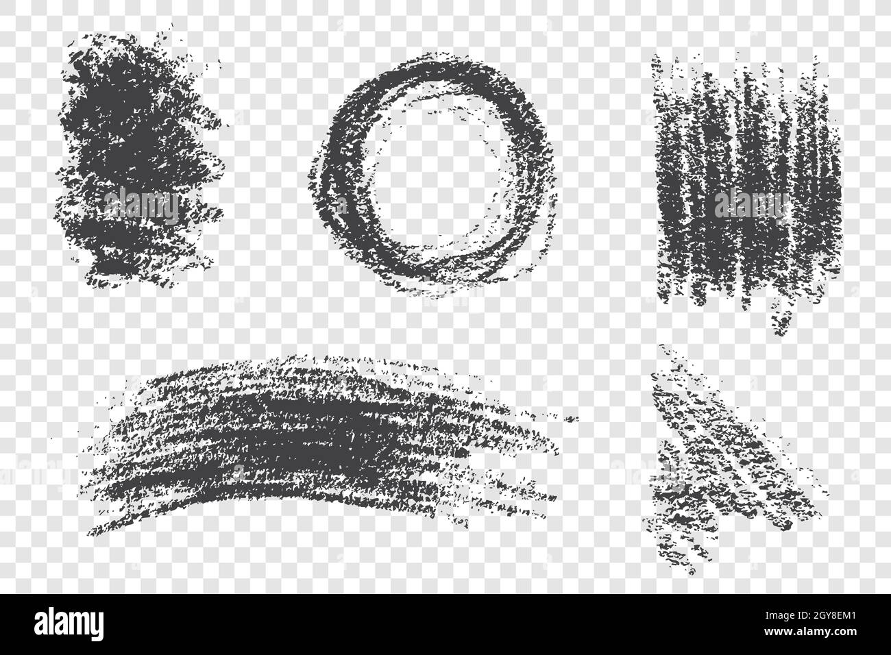 Grunge Farbe schmiert Vektor-Illustrationen Set. Verschmutzte Pinselstriche mit trockener Lackierung. Verschiedene monochrome Scrawls isoliert auf transparentem Backgro Stockfoto