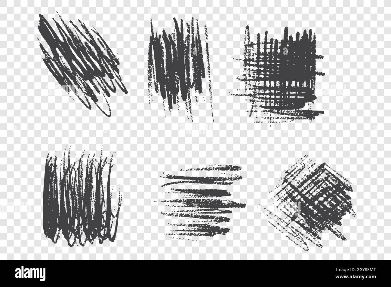 Kohlestift Scrawl Vektor Illustrationen Set. Schwarze Pinselstriche mit Trockenlackeffekt, grunge Scribbles Pack. Chaotische einfarbiger Kratzzeichnungen i Stockfoto