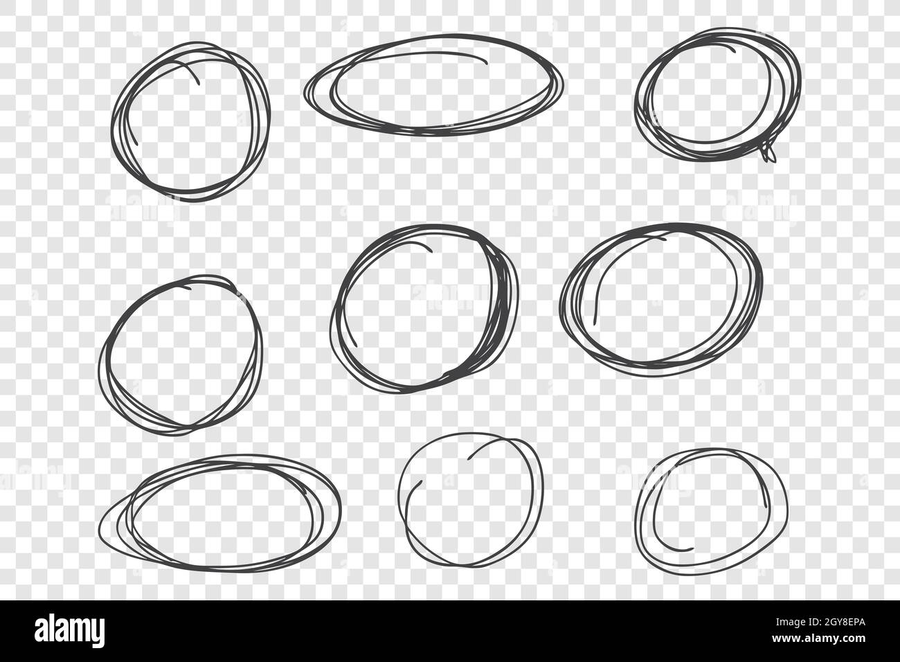 Runde chaotische Scribble-Rahmen. Leere dünne Linien Bordüren, dekorative geometrische Formen Pack. Tintenstift Kreise und Ovale isoliert auf transparentem Backgr Stockfoto