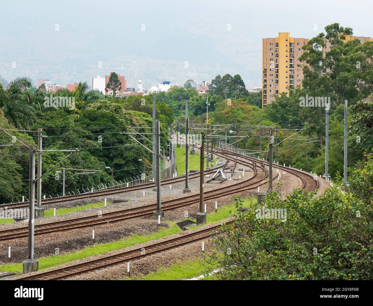 Die Subway Tracks sind von Bäumen und viel Vegetation umgeben Stockfoto