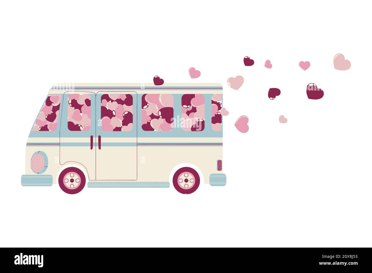 Vektor handgezeichnete Illustration von niedlichen Auto oder Bus mit rosa und roten Herzen für Valentinstag. Farbenfroher Van mit fliegenden Herzen Clip Art in flachem Design Stock Vektor