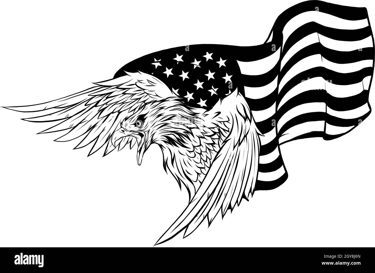 Erhabung amerikanischer Adler gegen US-Flagge und weißen Hintergrund. Stockfoto
