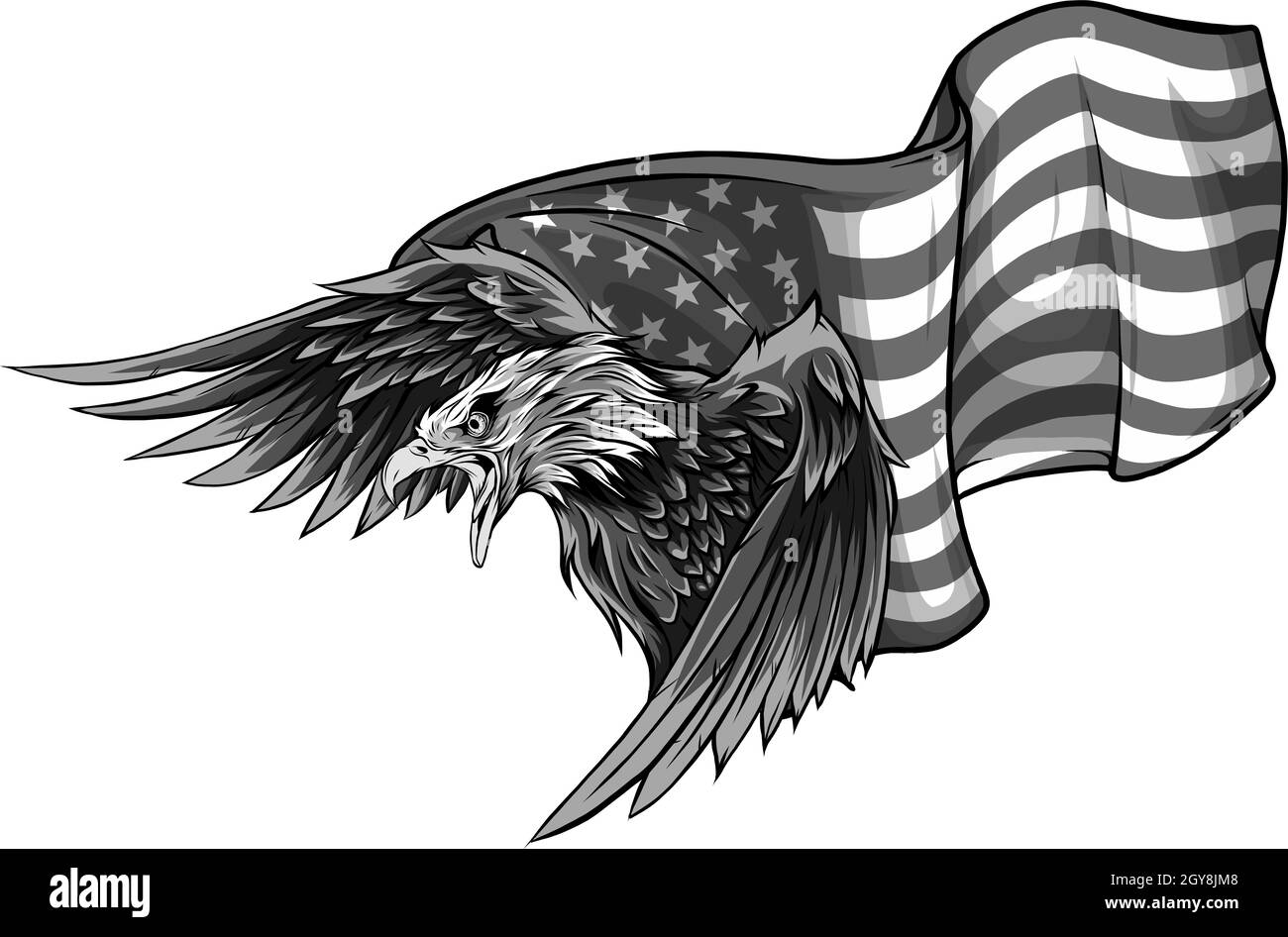 Erhabung amerikanischer Adler gegen US-Flagge Stockfoto