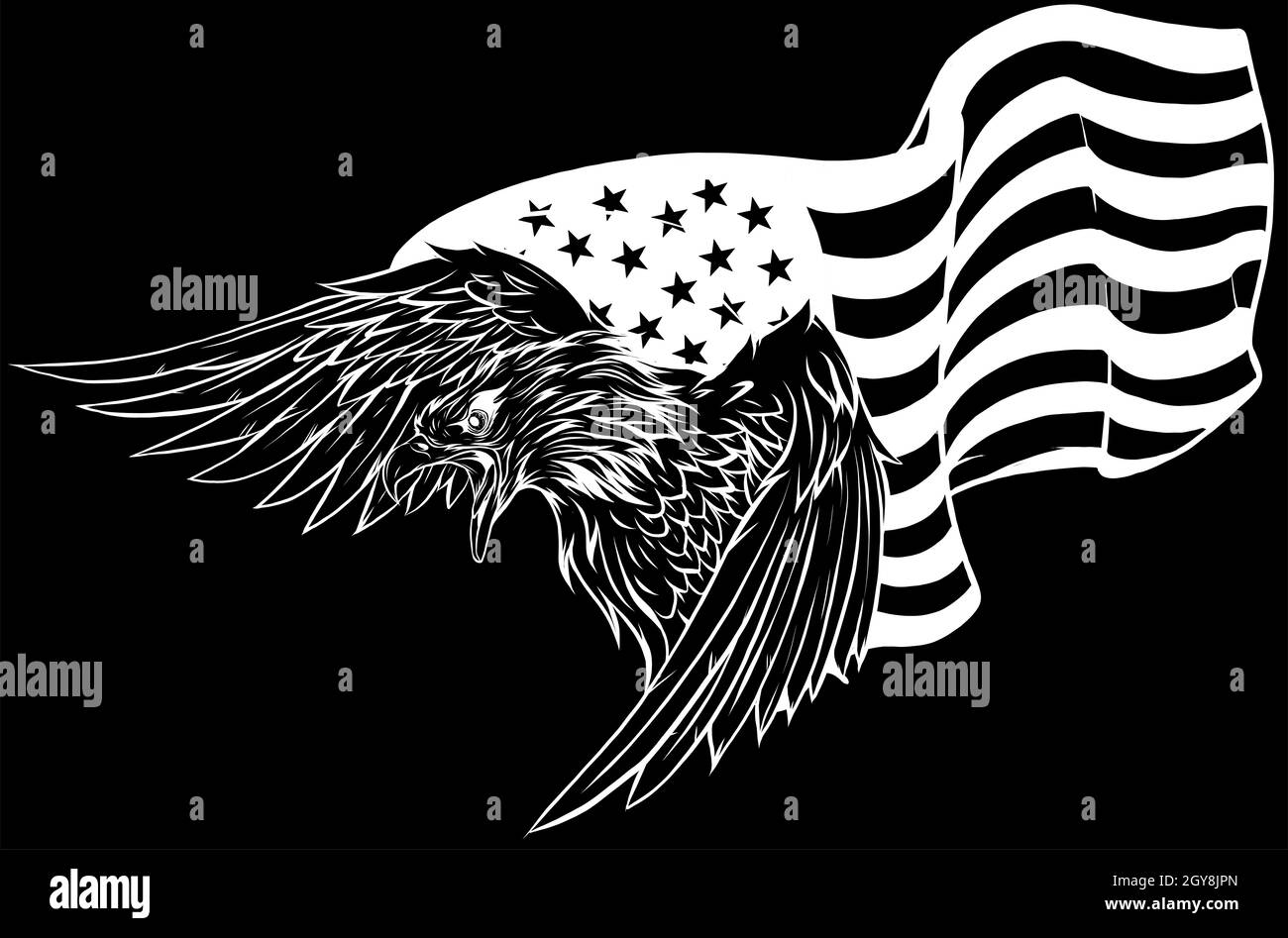 Erhabung amerikanischer Adler gegen US-Flagge Stockfoto