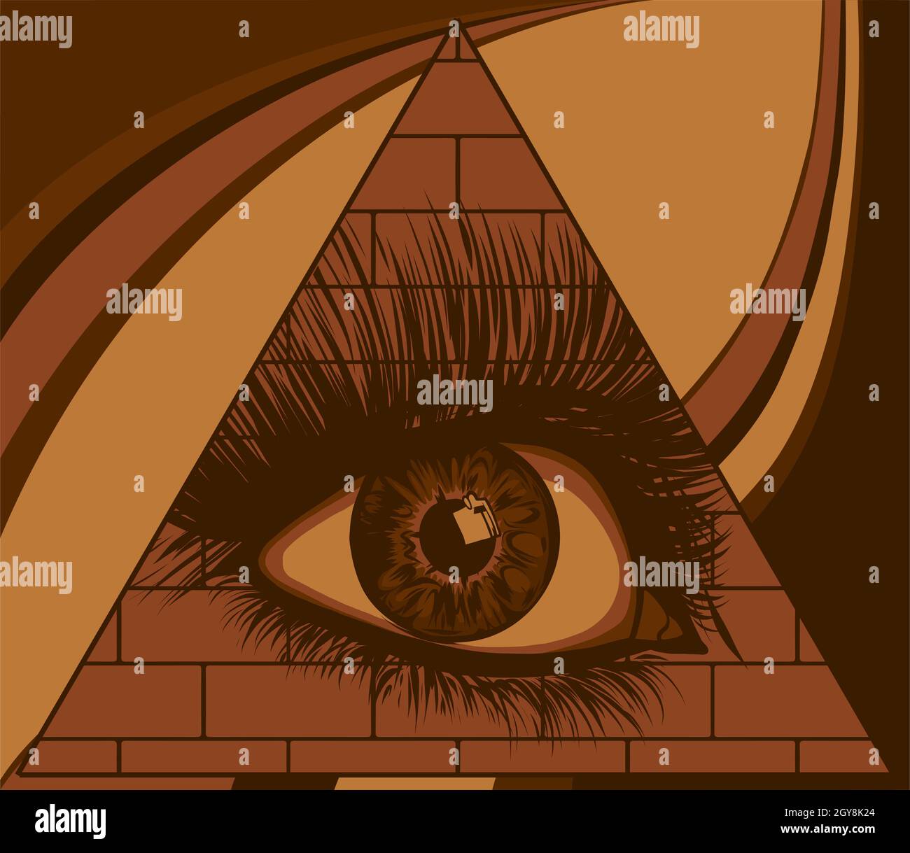 Auge der Vorsehung. Alle sehen Auge in das Dreieck auf der Pyramide Freimaurer Symbol. Okkulte Illuminati-Illustration. Stockfoto