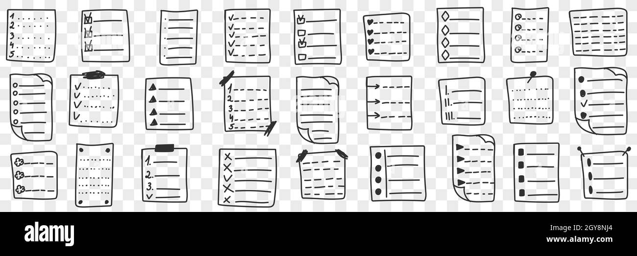 Erfüllte Kontrolllisten Doodle Set. Sammlung von handgezeichneten Checklisten mit erledigten oder nicht erledigten Aufgaben und Zielen Planungsorganisator isoliert auf tra Stockfoto