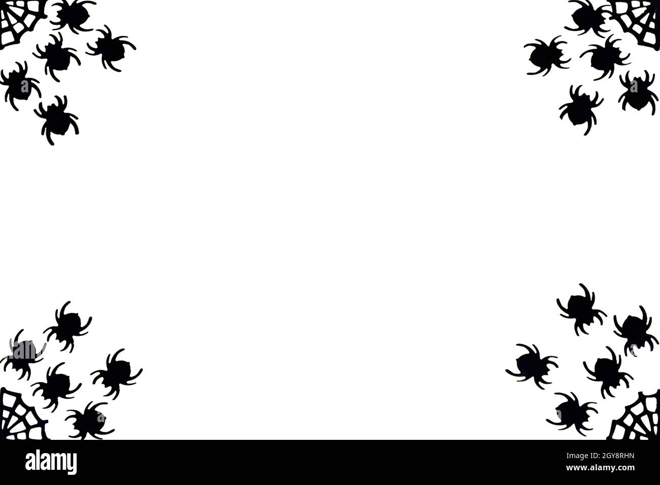 Festlicher schwarz-weißer Hintergrund für Halloween. Schwarze Spinnen, die in den Ecken auf dem Netz laufen. Platzieren Sie den Text in der Mitte. Stockfoto