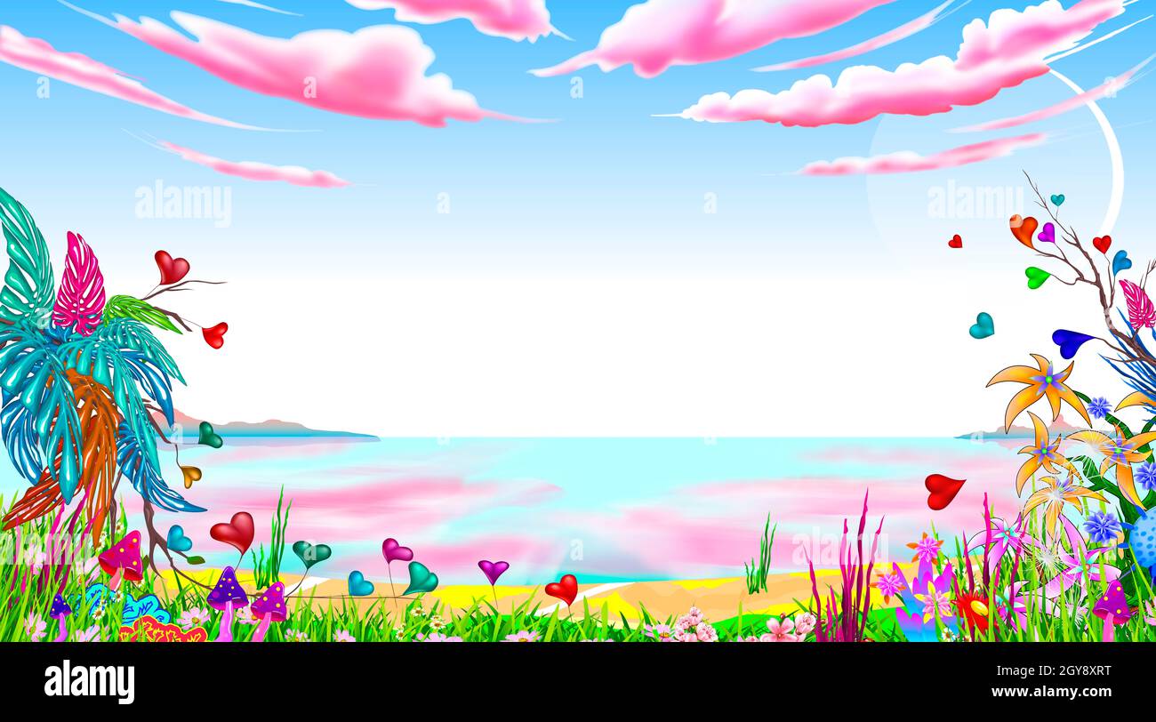 Fantastische Landschaft. Seascape. Blauer Himmel mit rosa Wolken. Fabelhafte Pflanzen und Blumen. Stockfoto