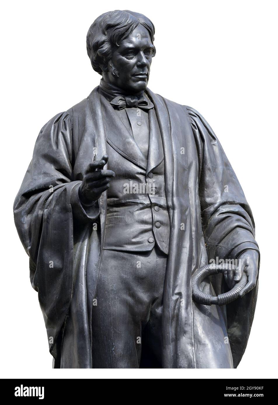 London, England, Großbritannien. Statue (1988 - Nachbildung einer Marmorstatue aus dem Jahr 1874 in der königlichen Institution) von Michael Faraday (1791-1867) am Savoyer Platz [Ausschnitt] Stockfoto