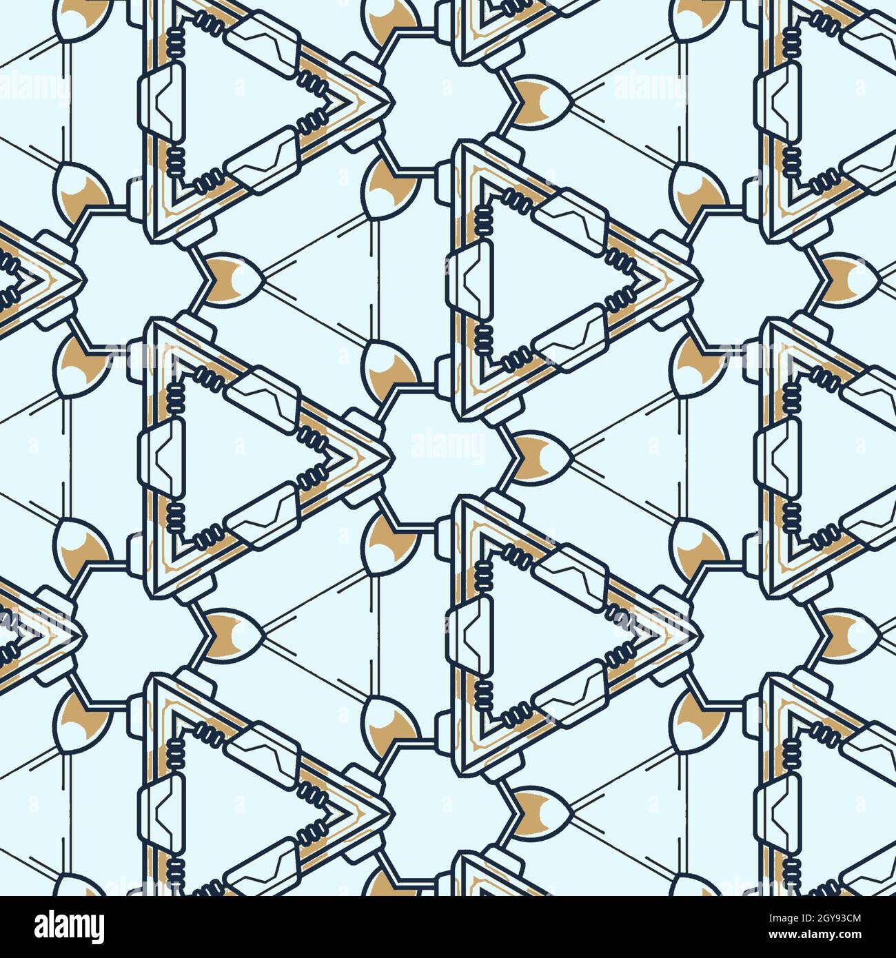 Eine Illustration eines nahtlosen Musters von Dreiecken, die auf isoliert sind Ein hellblauer Hintergrund Stockfoto