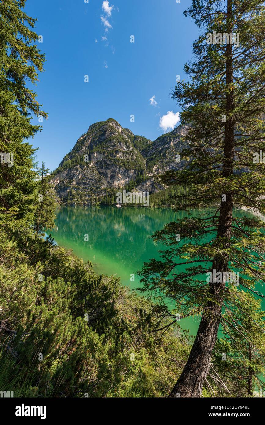Pragser Wildsee, Bergsee und die Gipfel des Sasso del Signore, Dolomiten, Südtirol, Trentino-Südtirol, Italien. Stockfoto