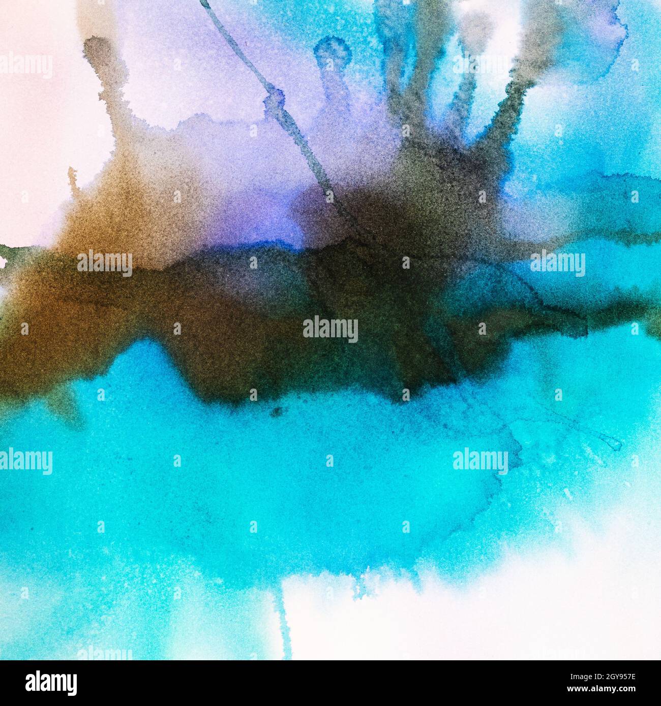 Abstrakte, handbemalte blaue und braune Aquarellpunkte auf weißem Papier Stockfoto