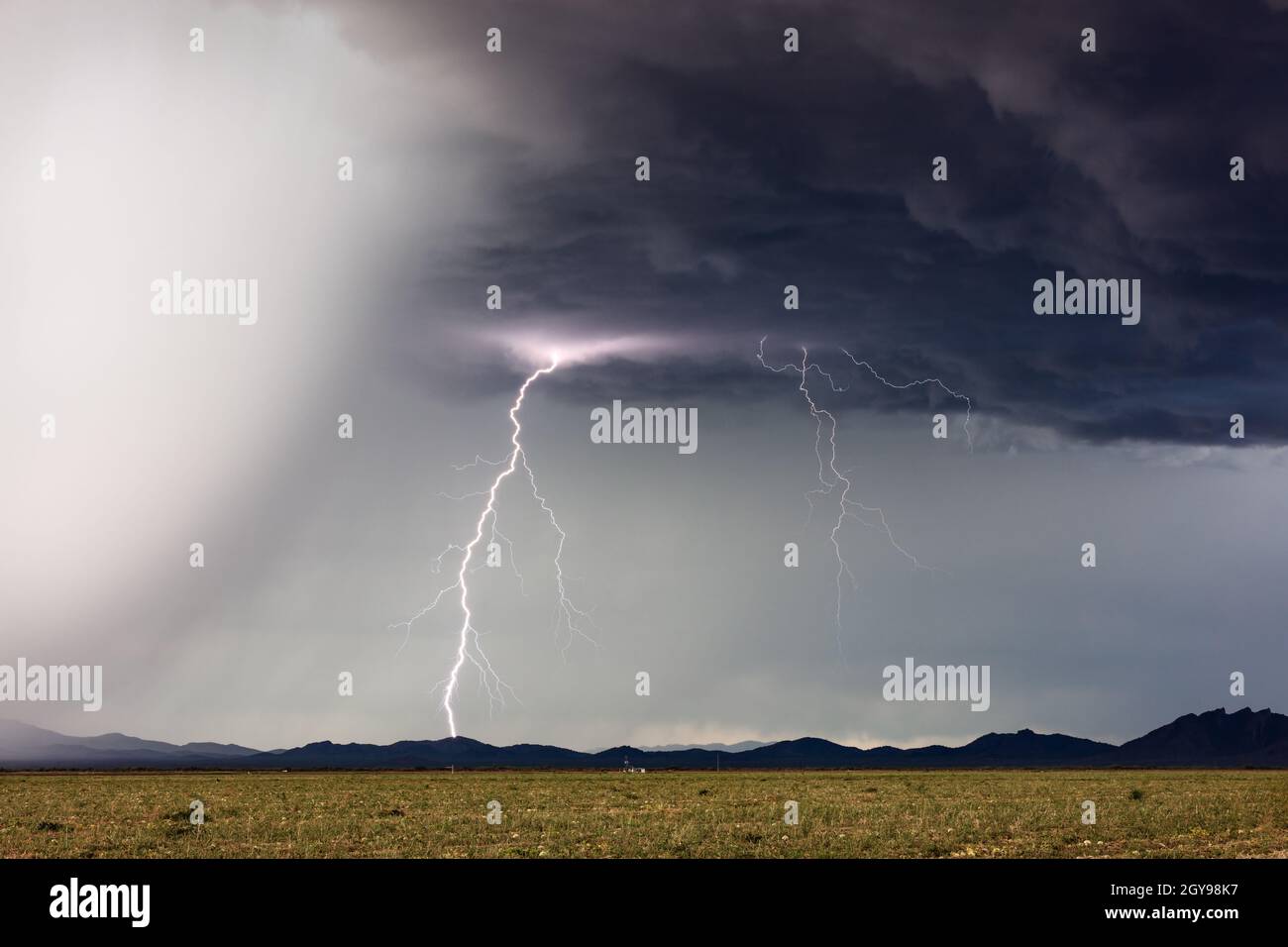 Dunkle Wolken mit hellem Gewitter Blitzschlag trifft vor einem sich nähernden Hagelkern in der Nähe von Congress, Arizona Stockfoto