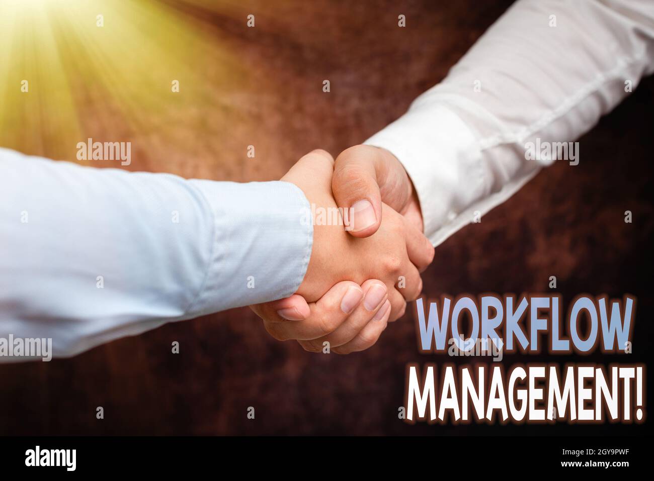 Text mit Inspiration Workflow-Management, Geschäftsansatz die Ausführung und Automatisierung von Geschäftsprozessen zwei professionell gut gekleideter Corpo Stockfoto