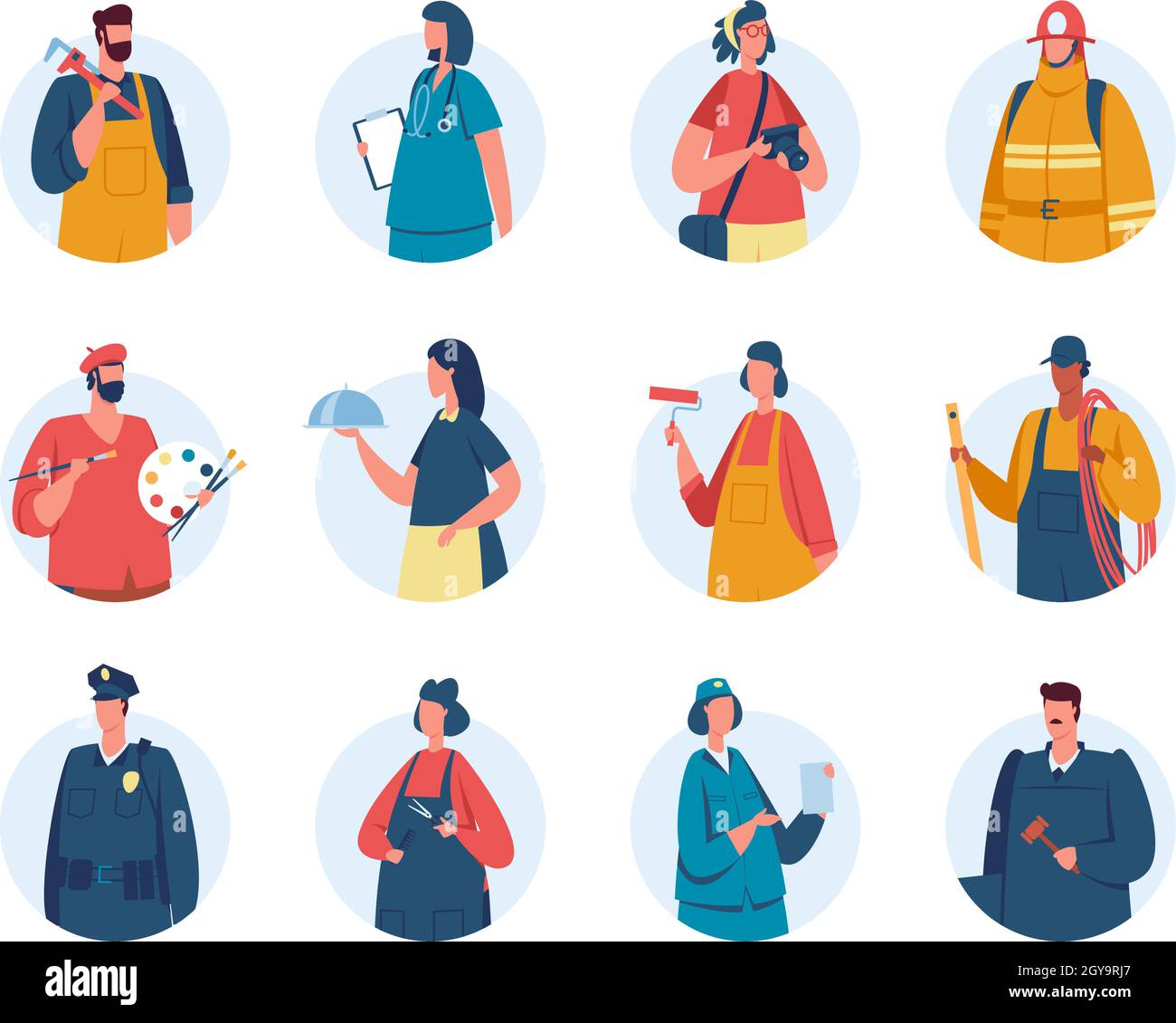Professionelle Arbeiter Avatare, Porträts von Menschen mit verschiedenen Berufen. Feuerwehrmann, Polizist, Krankenschwester, Ingenieur, Kellner Avatar Vektor-Set. Mitarbeiter, die unterschiedliche Dienstleistungen erbringen Stock Vektor