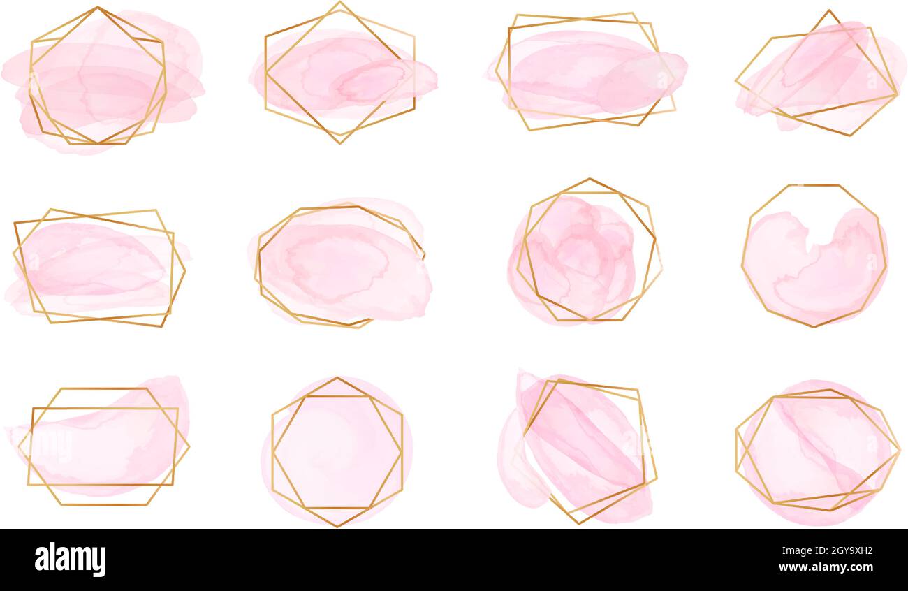 Pinke Aquarell-Pinselstriche mit geometrischen Goldrahmen. Pastellrosa Etiketten mit abstrakten polygonalen Formen, elegantes Mode-Logo-Vektor-Set. Goldene glänzende Bordüren mit Flecken oder Spritzern für Hochzeiten Stock Vektor