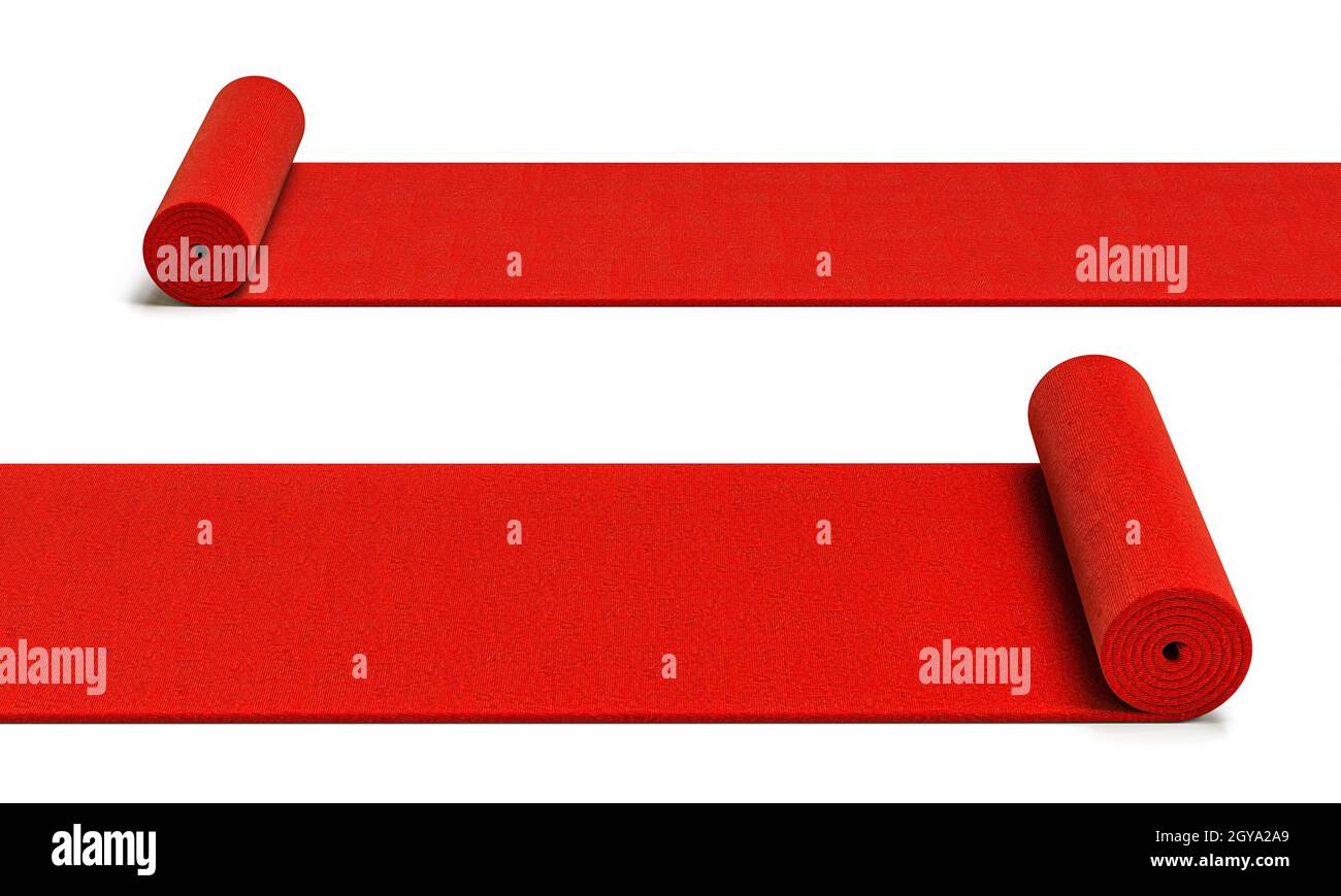 Rollende rote Teppiche auf weißem Hintergrund. 3d-Rendering Stockfoto