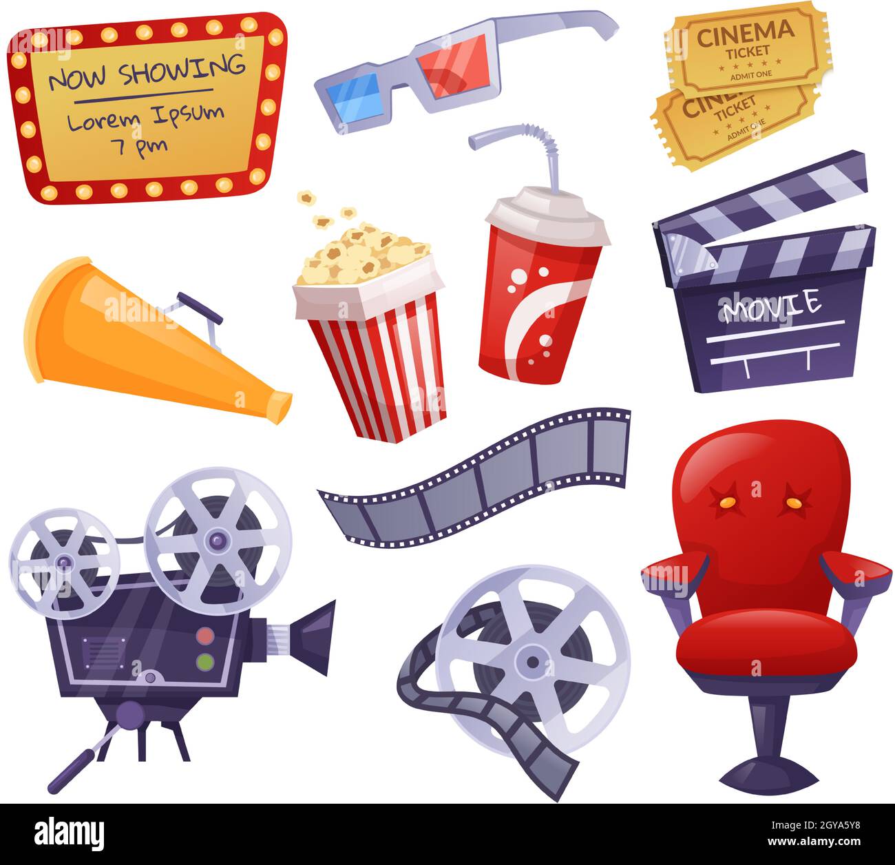 Cartoon-Kino-Elemente, Kinokarten, Popcorn. Kamera, Klappbrett, 3d-Brille, Filmband, Drehtechnik-Vektor-Set für Industriegeräte. Filmproduktion, Unterhaltung Stock Vektor