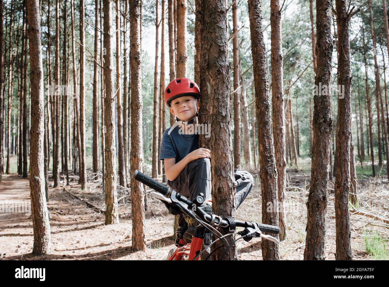 Boy saß auf seinem Vater Fahrrad in einem Wald Fahrrad fahren Stockfoto