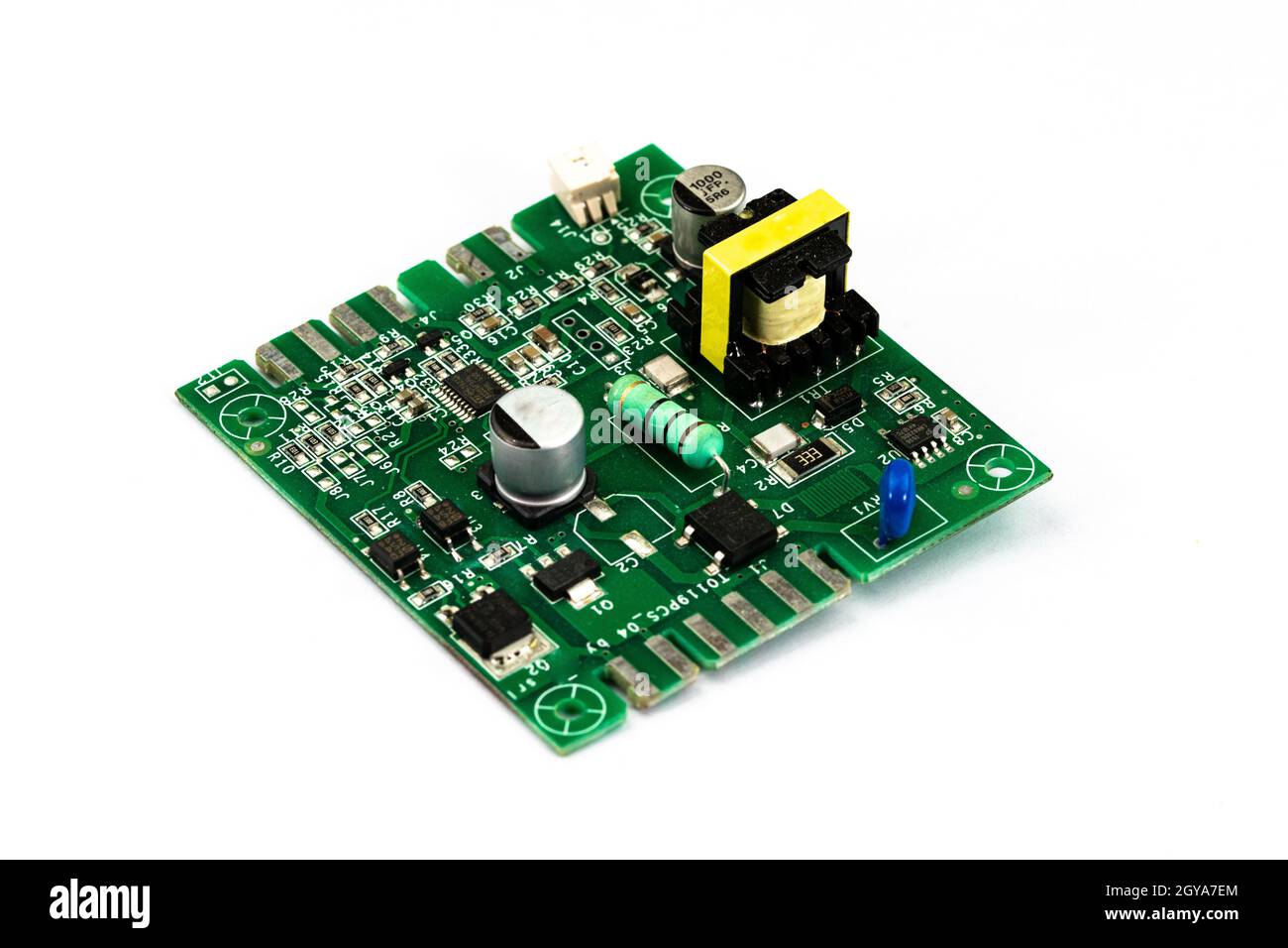 Elektronische Platine einer Kaffeemühle auf einer weißen Oberfläche Stockfoto