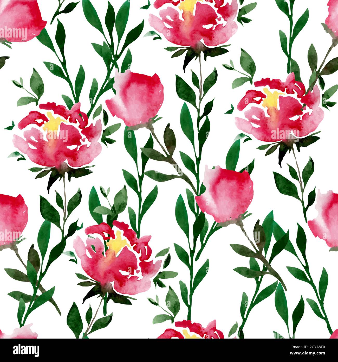 Weißes nahtloses Muster mit wasserfarbenen rosa Rosenblüten, Knospen, Blättern. Stock Vektor