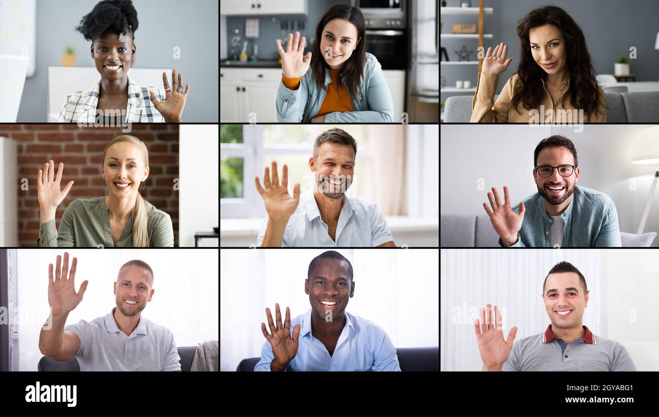 Online-Videokonferenzen Anruf Winkende Hand Gruppen-Chat-Bildschirm Stockfoto