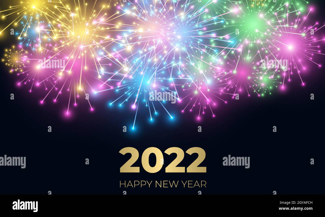 Neujahr 2022 festlicher Hintergrund mit Feuerwerk und funkeln Feier Lichter. Stock Vektor
