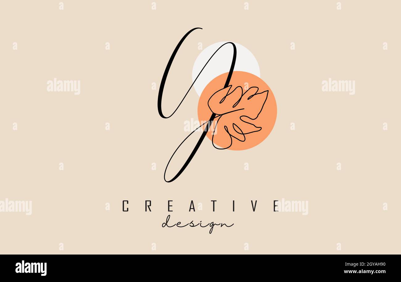 Schlichtes und elegantes handgeschriebenes Y-Letter-Logo mit Monstera-Blatt, einer Linie Frawing und zwei Kreisen Vektorgrafik. Kreativ und minimalistisch i Stock Vektor