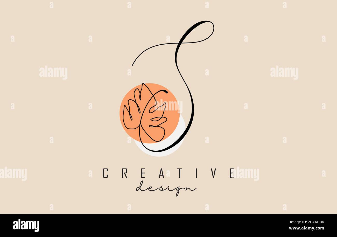 Schlichtes und elegantes handgeschriebenes S-Letter-Logo mit Monstera-Blatt, einer Linie Frawing und zwei Kreisen Vektorgrafik. Kreativ und minimalistisch i Stock Vektor