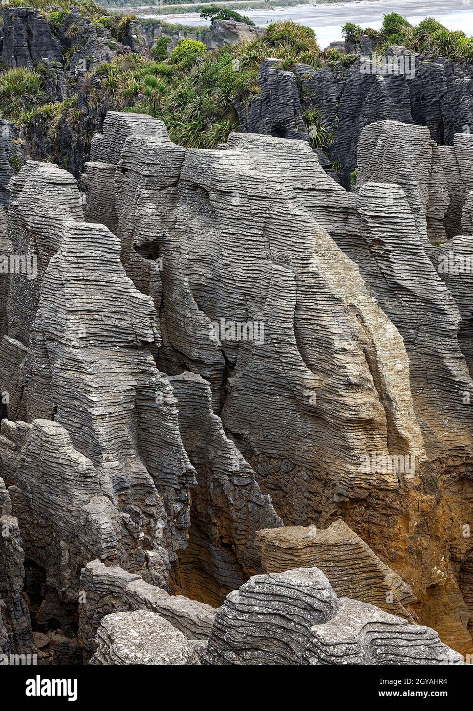 Pancake Rocks; Kalksteinschichten durch Sandsteinschichten getrennt; Küste der Tasmanischen See; Natur; Südinsel; Paparoa National Park; Punakaiki; Ne Stockfoto