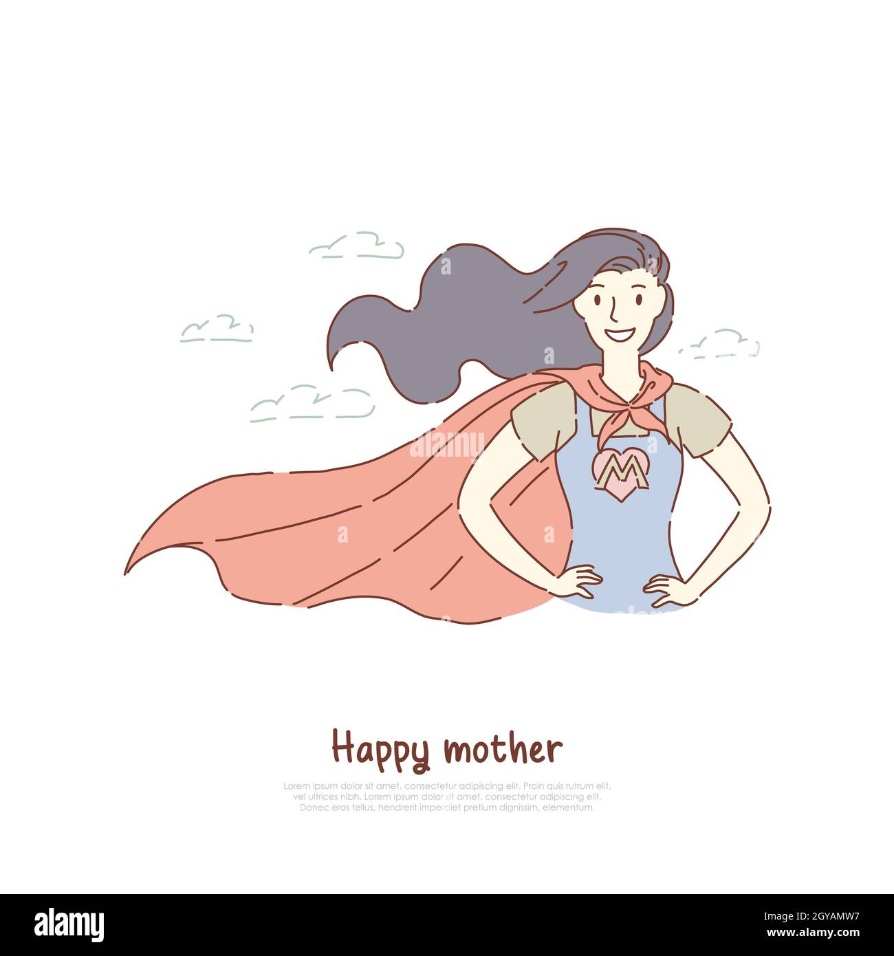 Tapfere Mutter in Superhelden-Haltung, Super-Mama in Kostüm mit Brief, beste Eltern, glückliche Mutterschaft, Elternbanner. Weibliche Heldin im Cape con Stockfoto