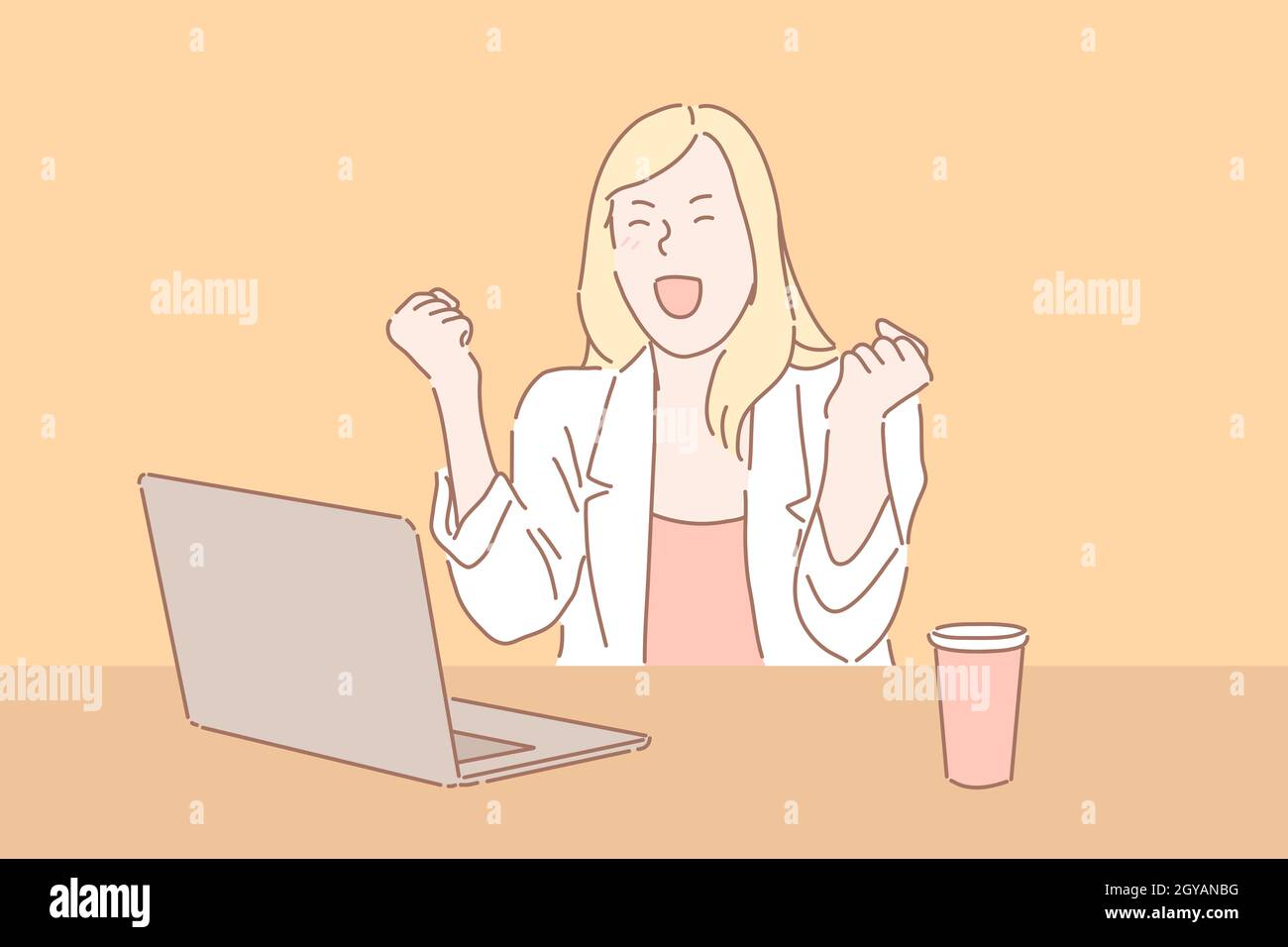 Frau reagiert auf gute Nachrichten Konzept. Geschäftsfrau schreiend vor Aufregung, weibliche Chef erhält angenehme E-Mail, feiert Sieg, Büroangestellte Stockfoto