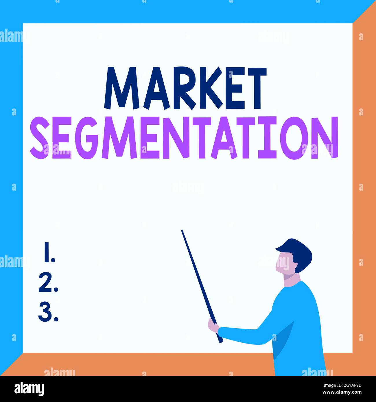Konzeptionelle Darstellung Marktsegmentierung, Konzept Bedeutung Aufteilung eines Marktes potenzieller Kunden in Gruppen Kursleiter Zeichnung Halten Stick Pointing Stockfoto