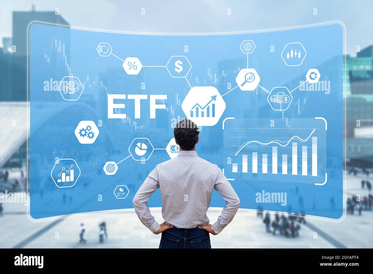 ETF Exchange-Traded Funds-Anlage mit Investoren, die ein Portfolio von Finanzanlagen auf dem Markt aufbauen, wie Aktien, Anleihen, Rohstoffe, Währungen. C Stockfoto