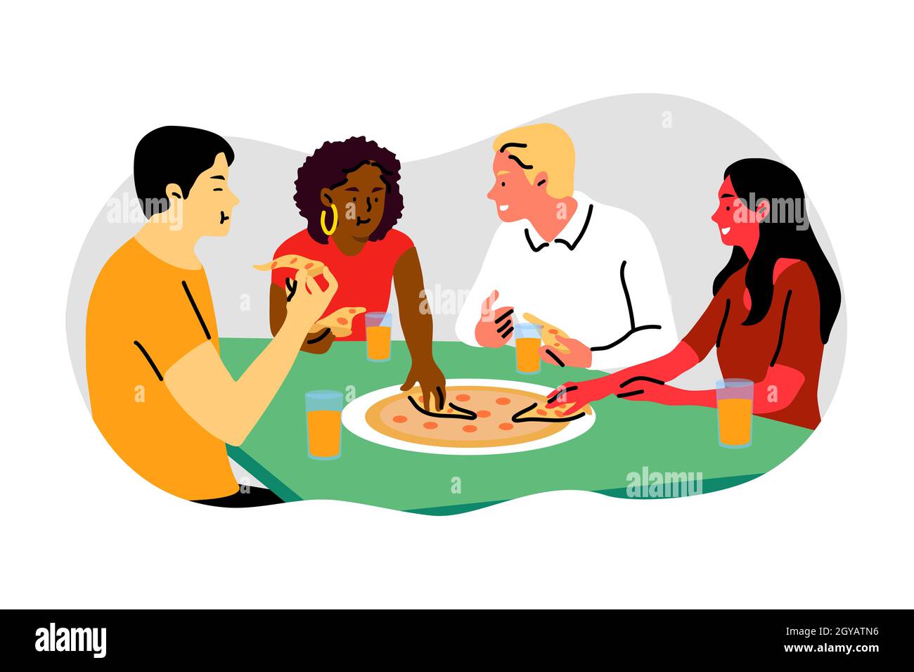 Freundschaft, Pause, Abendessen, Geschäft, Pizza, Junk-Food-Konzept. Junge Geschäftsleute Frauen Angestellte Manager Kollegen kommunizieren Essen Mittagessen zusammen. Stockfoto