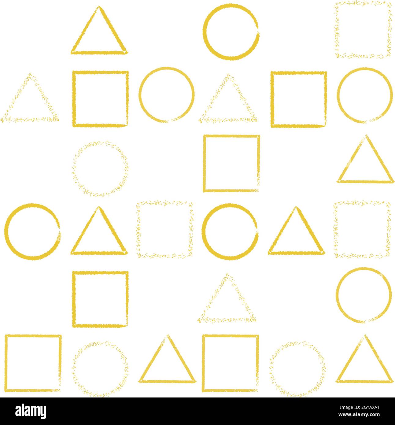 Grafische Formen - Kreis, Quadrat und Dreieck auf weißem Hintergrund. Abstrakte goldene Elemente. Geometrisches Gold-Nahtloses Muster für Designdrucke Stock Vektor