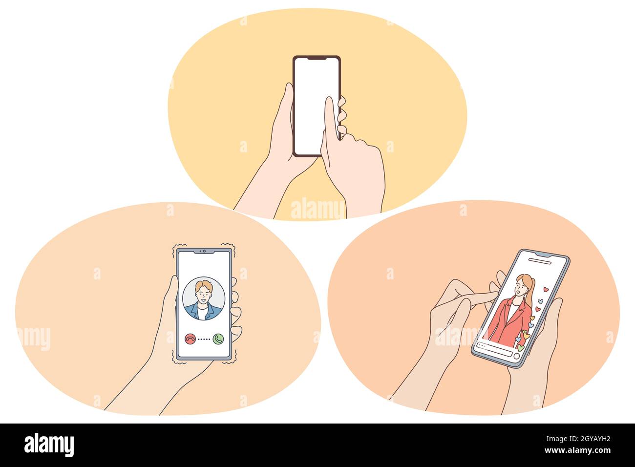 Online-Dating und Bewerbung für Chat und Kommunikationskonzept. Hände von Menschen mit Smartphones die Auswahl potenzieller Partner und auf der Suche nach Profi Stockfoto