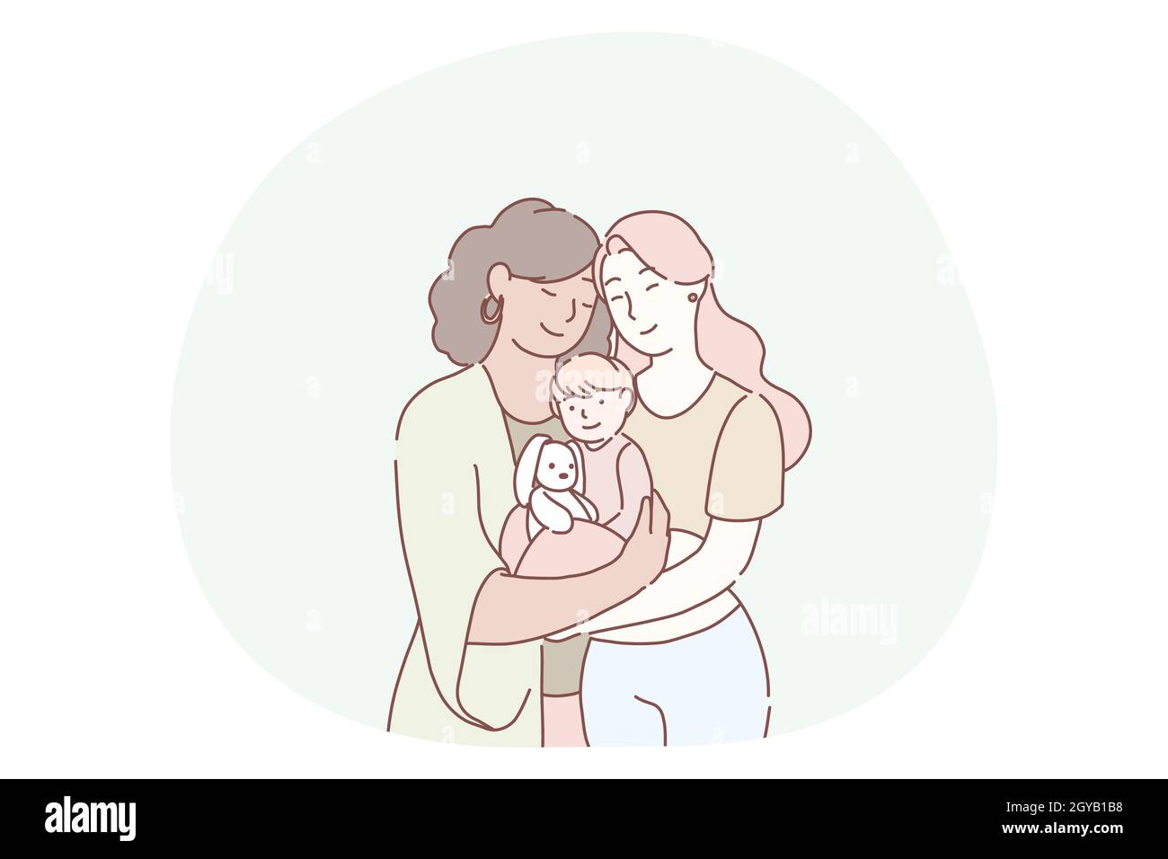 Mutterschaft, Frauen Generationen im Familienkonzept. Lächelnde Frauen Großmutter, Mutter und kleine Tochter auf Händen stehen zusammen und Fällen Liebe und Stockfoto