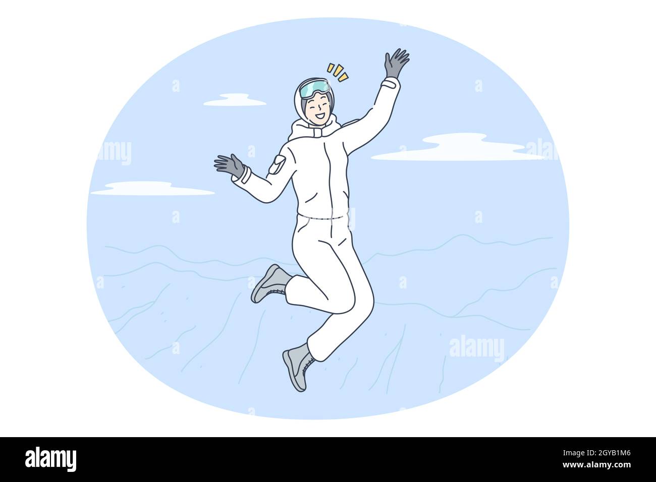 Winteraktivitäten, Skifahren, Snowboardkonzept. Junge glücklich lächelnde Frau Zeichentrickfigur im weißen Winterkostüm springen Gefühl fröhlich nach ri Stockfoto