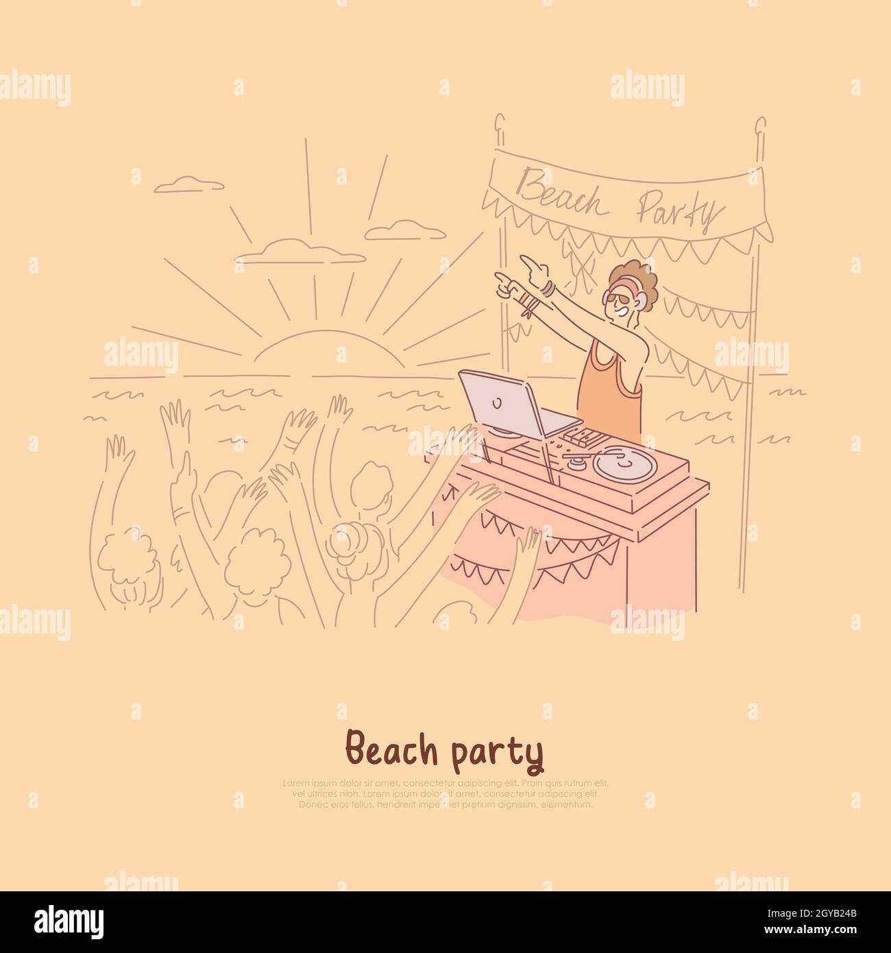 Menschen tanzen am Ufer des Meeres, Meer, dj macht Live-Musik am Plattenteller, Spaß sommertime Aktivitäten für junge Erwachsene Banner. Strand Party Cartoon conce Stockfoto