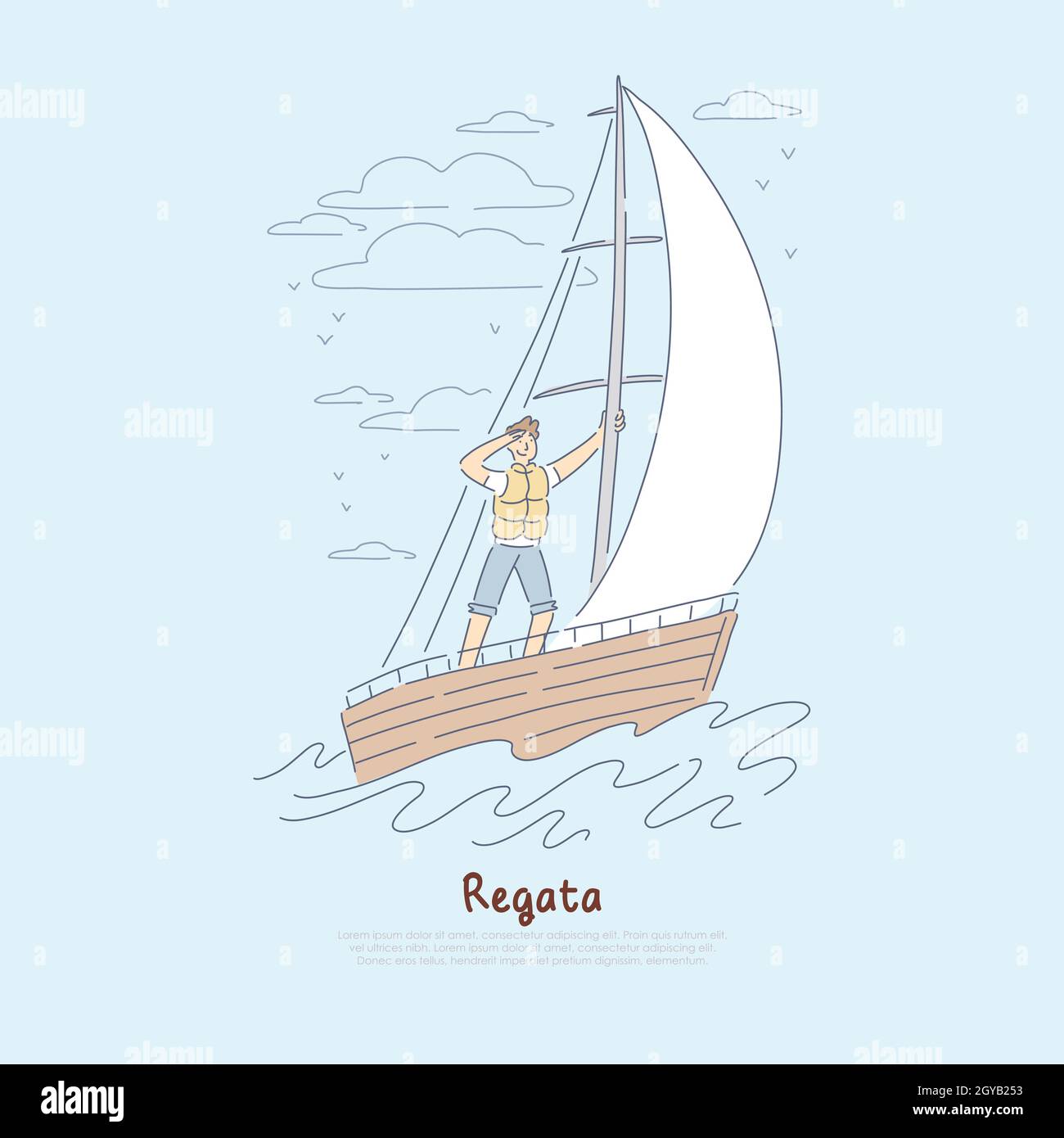 Regatta, Segelwettbewerb, junge Segler, die Konkurrenten im Segelboot mit günstigen Wind Banner verfolgen. Romantisches Luxus sommerliches Aktivitätskonzept Stockfoto
