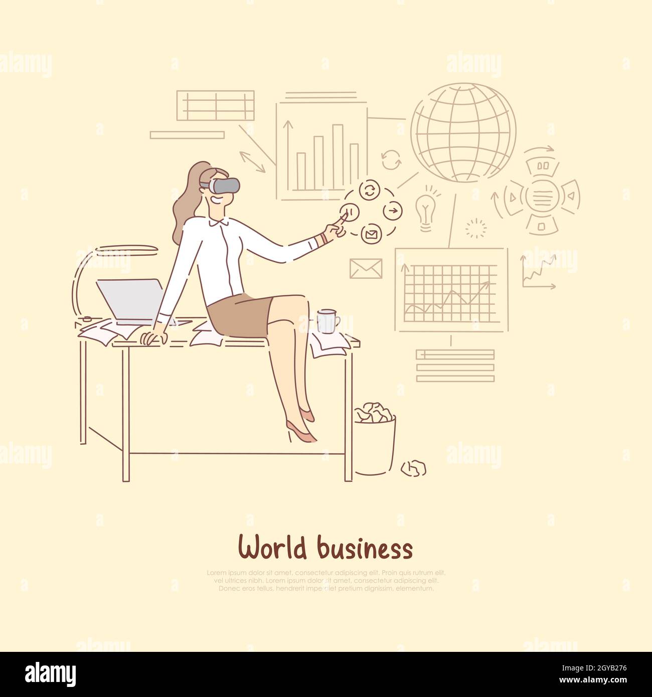 Moderne Welt Business Management, Manager in Virtual Reality-Headset Vorbereitung statistischen Bericht über wirtschaftliche Transaktionen Banner. Globalisierte Wirtschaft Stockfoto